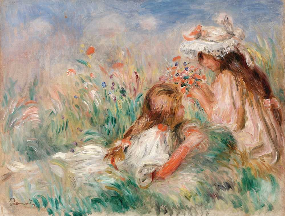 Girls in the Grass Arranging a Bouquet (c. 1890) - Auguste Renoir