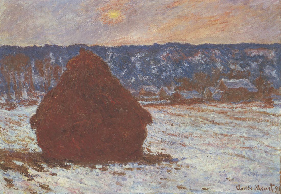 Haystacks, snow, covered the sky - Monet