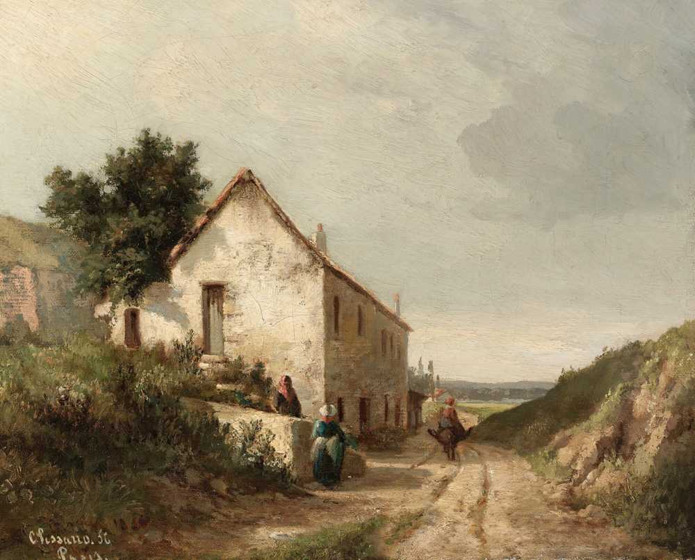 House On The Edge Of A Country Road With Figures (1856) - Camille Pissarro