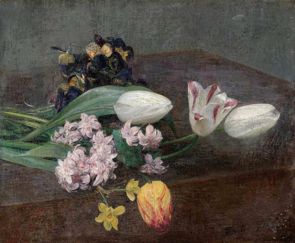 Hyacinths, Tulips And Pansies On A Table (1871) - Henri Fantin-Latour