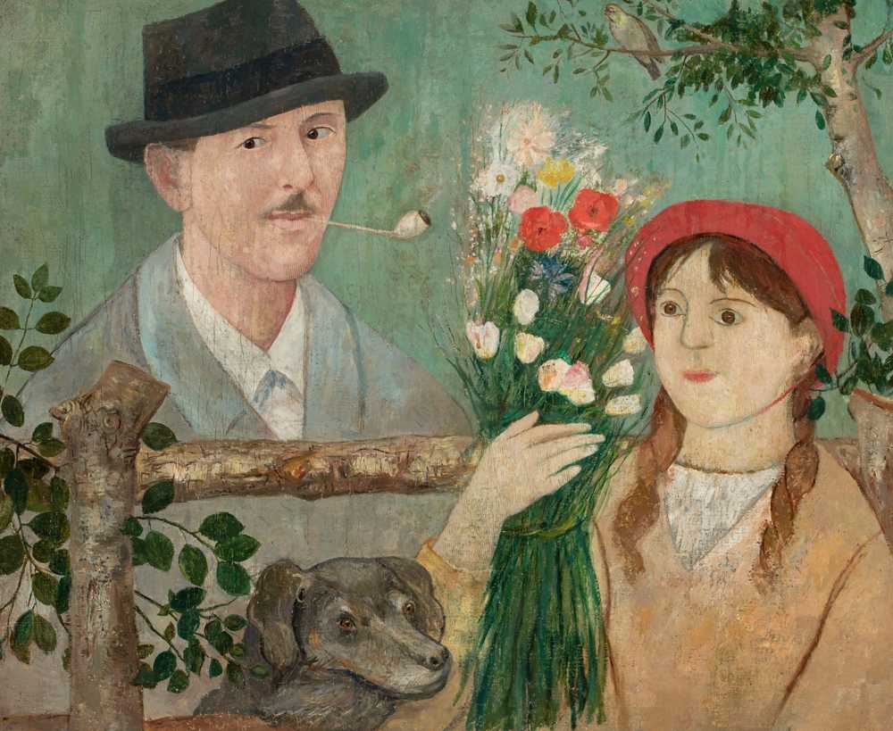 Idyll beside a fence (Self-portrait, girl with flowers and dog) (1... - Makowski