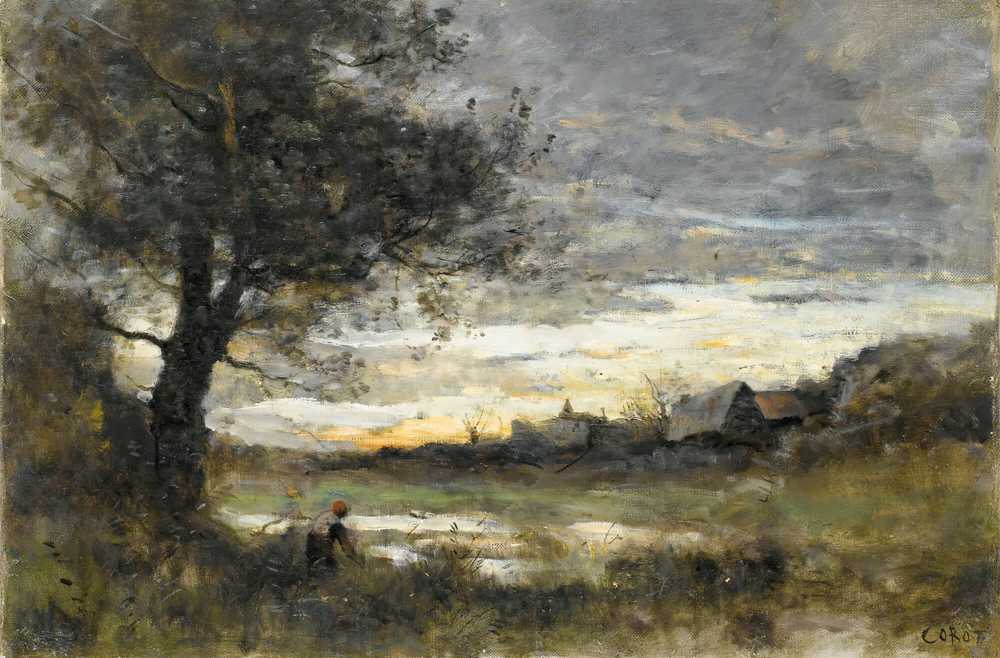 Landscape At Sunset - Jean Baptiste Camille Corot