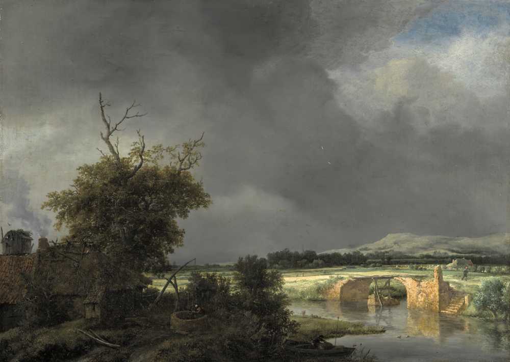 Landscape with a cottage and stone bridge under a cloudy sky - Ruisdael