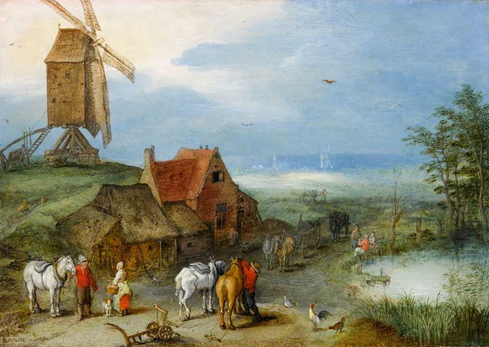 Landscape With A Windmill, Various Figures, Horses, And ... - Brueghel Jan elder