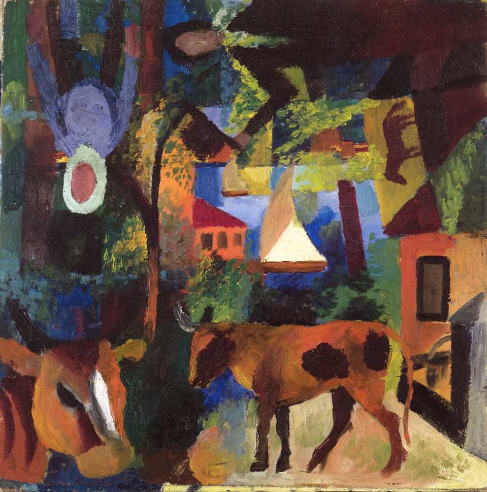Landscape with Cows, Sailboat, and Figures (1887–1914) - August Macke