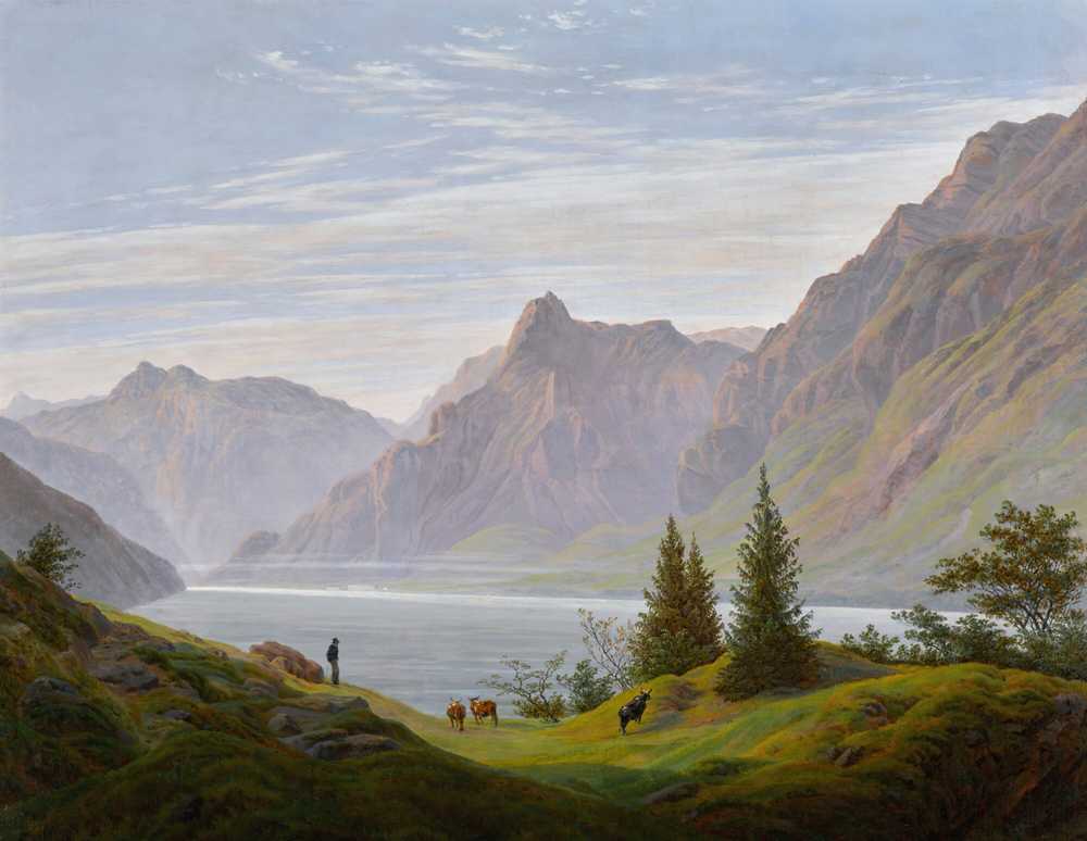 Landscape with mountain lake, morning - Caspar David Friedrich