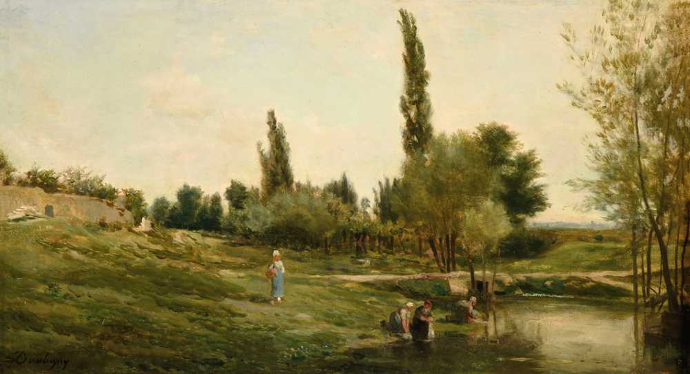 Landscape with Painter Washers - Charles-Francois Daubigny