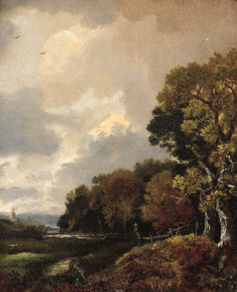Landscape with trees and a field, a church tower in the distance - Gainsborough