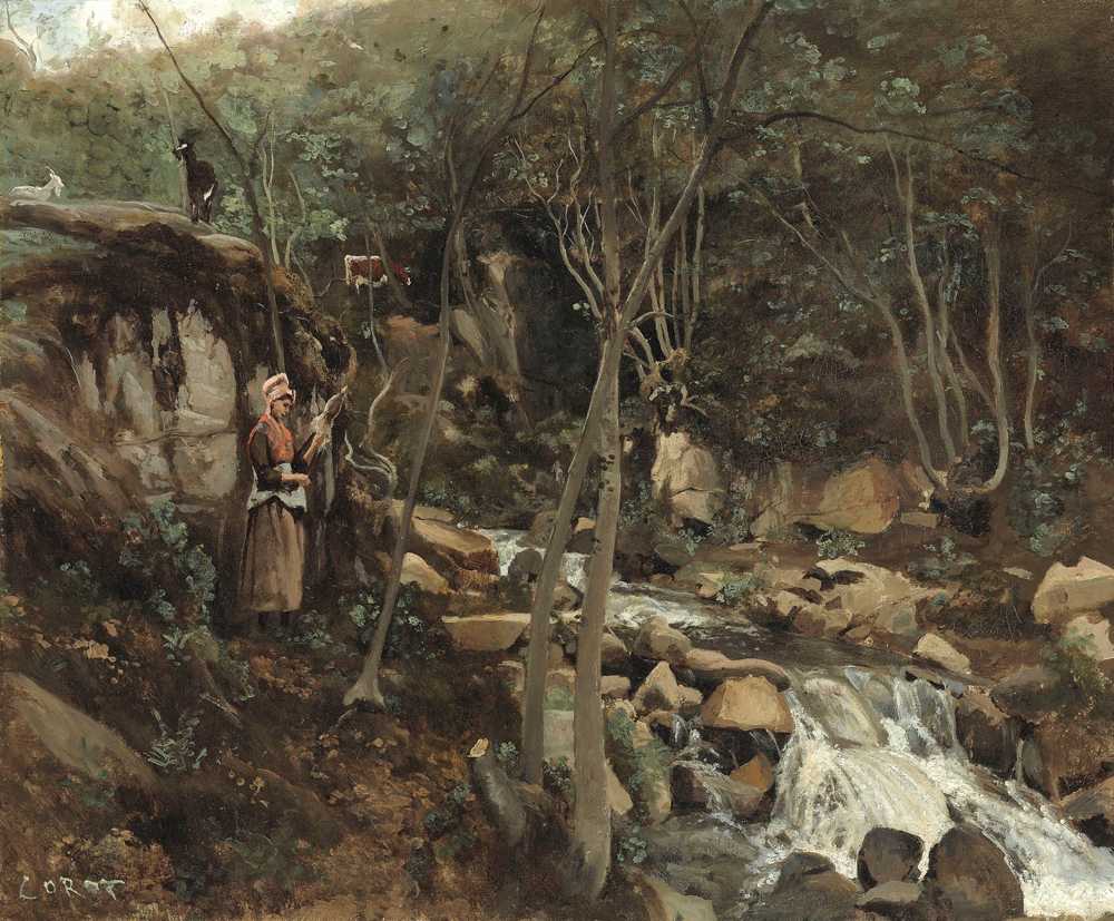 Lormes – A Torrent With A Standing Goatherd, Spinning (1842) - Corot