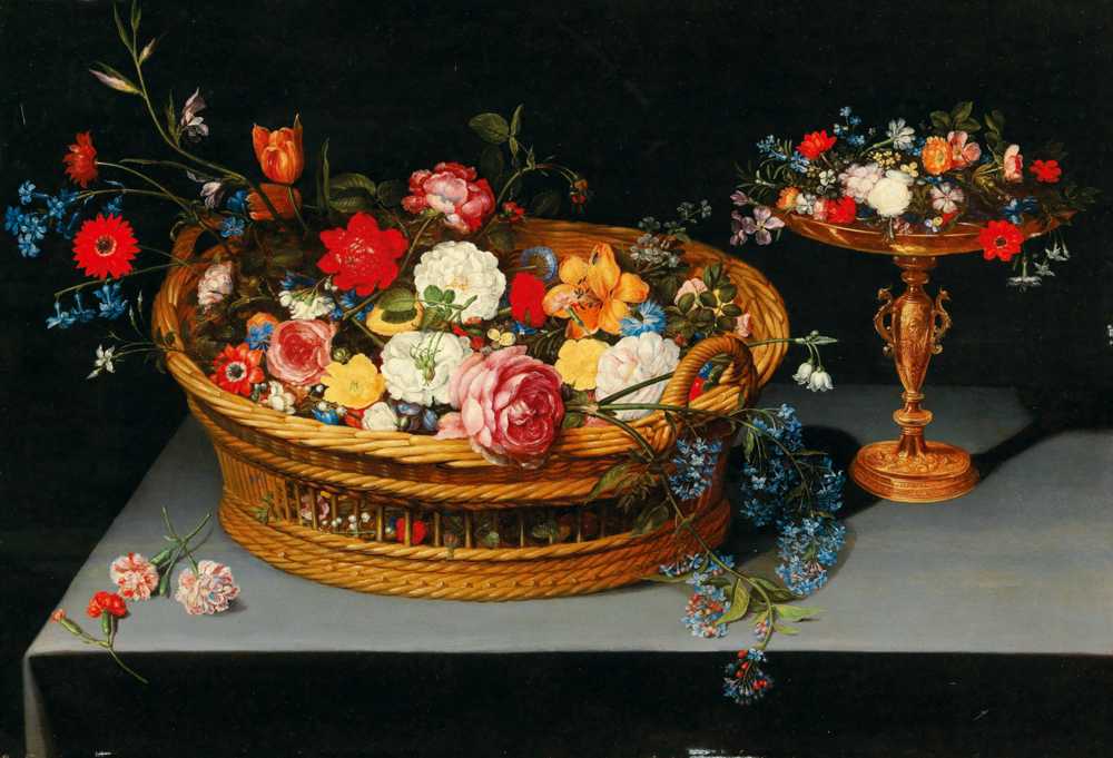 Mixed flowers in a basket with a tazza nearby - Jan Brueghel Młodszy
