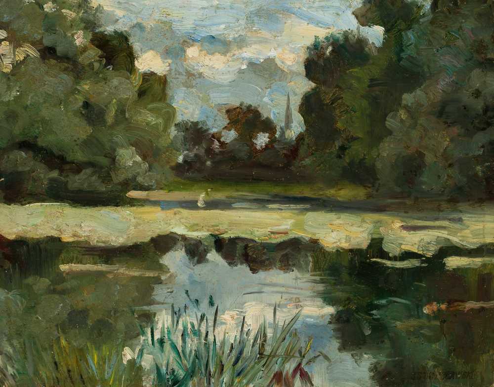 Park landscape with a pond - Jan Stanisławski
