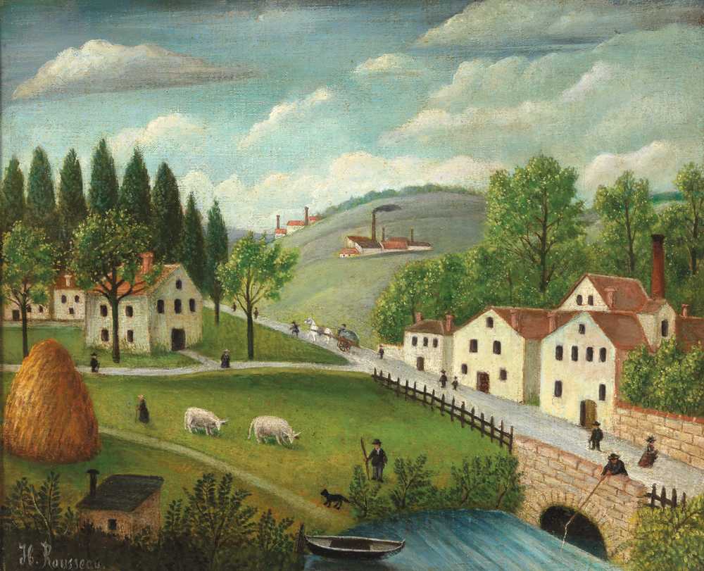 Pastoral landscape with stream, fisherman and strollers (c. 1875??... - Rousseau