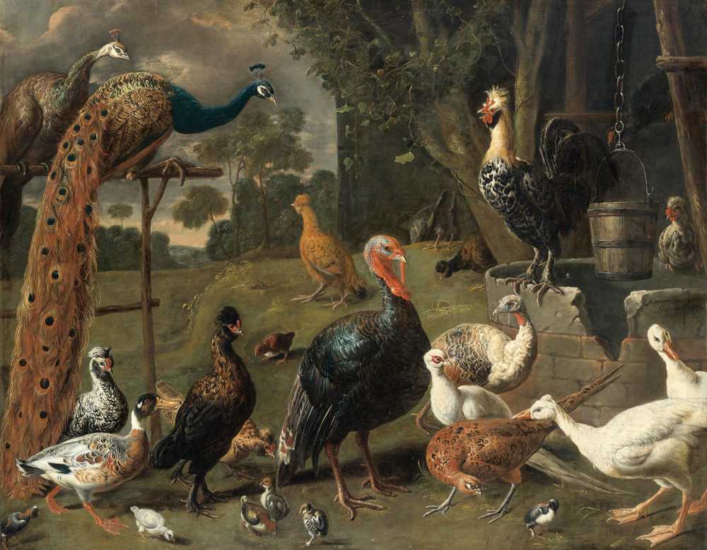 Peacock and peahen on a perch, turkeys, a pheasant and poultry ... - van Utrecht