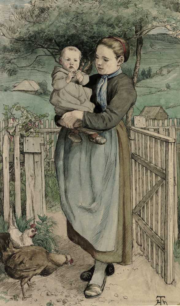 Peasant girl standing at a wooden trellis with a child in her arms - Hans Thoma