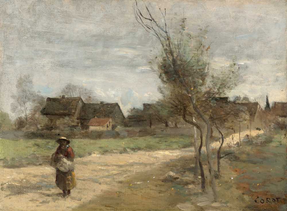 Peasant Woman On A Road In View Of A Village - Jean Baptiste Camille Corot