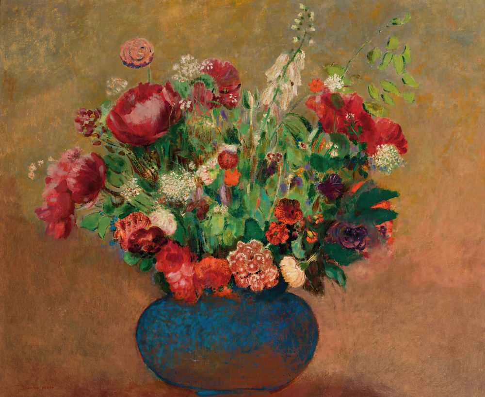 Poppies And Poets Carnations In A Blue Vase - Odilon Redon