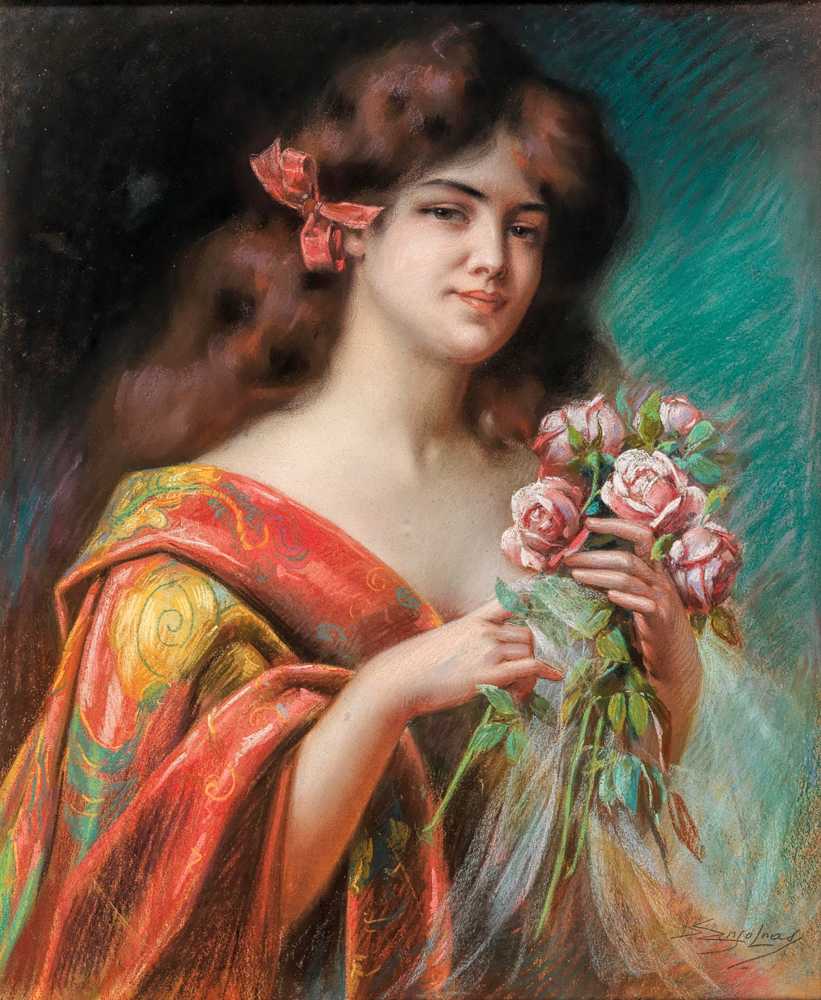 Portrait of a Lady in a Negligee, Holding Roses - Delphin Enjolras