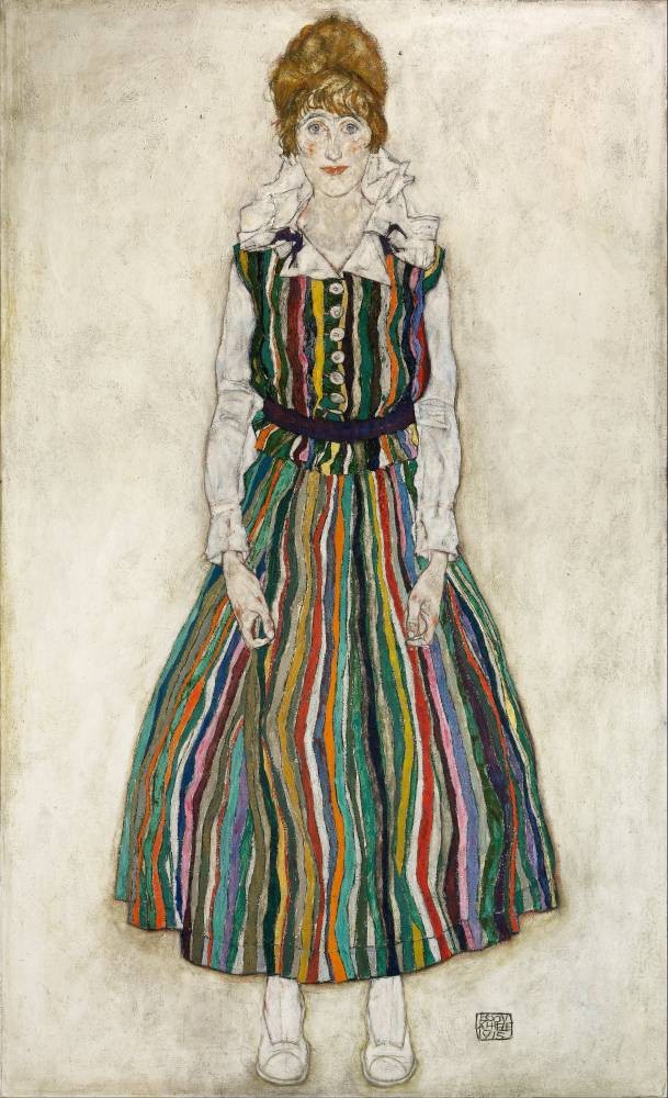 Portrait of Edith Schiele in a striped dress - Schiele