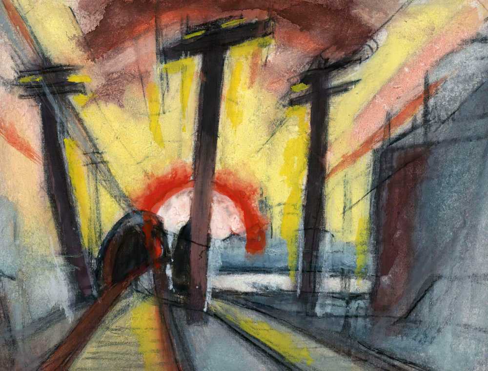 Railroad Tracks (Cityscape With Sun) (1927) - Friedrich Julius Oskar Blümner