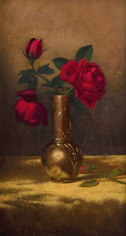 Red Roses in a Japanese Vase on a Gold Velvet Cloth (circa 1885-1890) - Heade