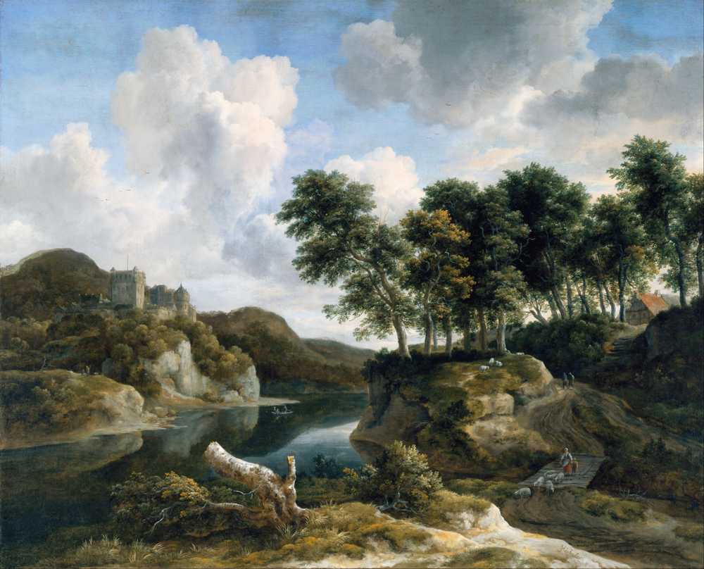 River Landscape with a Castle on a High Cliff (1670-1679) - Ruisdael