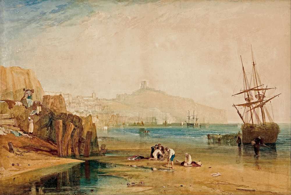 Scarborough town and castle; morning; boys catching crabs (circa 1810) - Turner