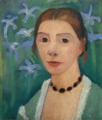 Self-portrait in front of a green background with a blue i... - Modersohn-Becker