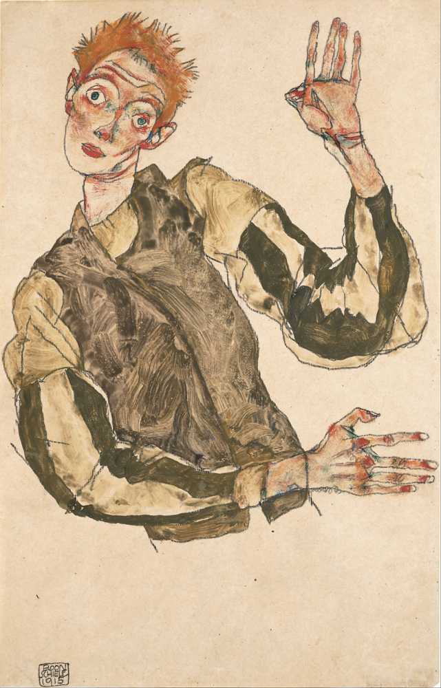 Self-Portrait with Striped Sleeves (1915) - Egon Schiele