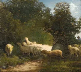 Sheep Grazing Along A Hedgerow - Jean Francois Millet