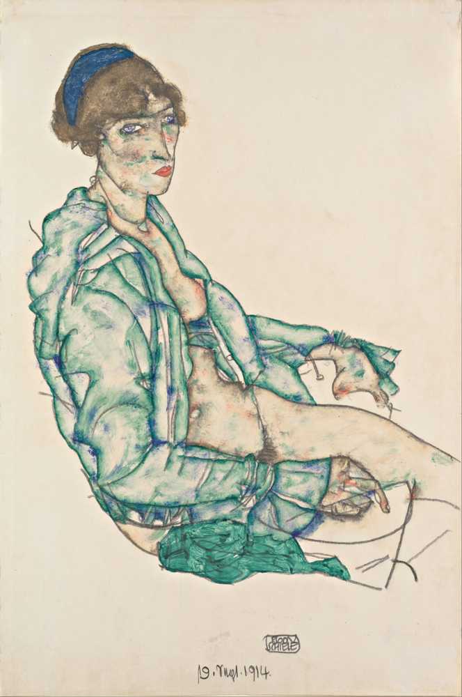 Sitting Semi-Nude with Blue Hairband (1914) - Egon Schiele