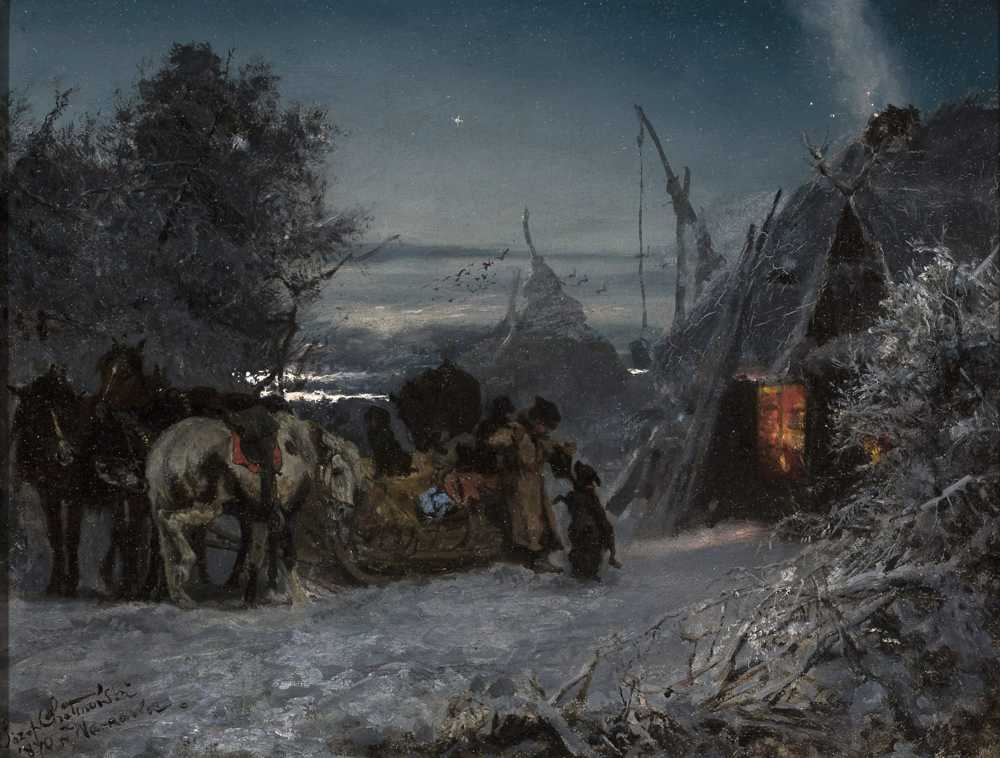 Sleigh in front of a hut at night (1870) - Józef Chełmoński
