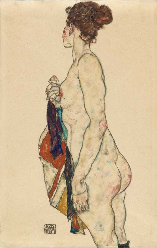 Standing Nude with a Patterned Robe (1917) - Egon Schiele