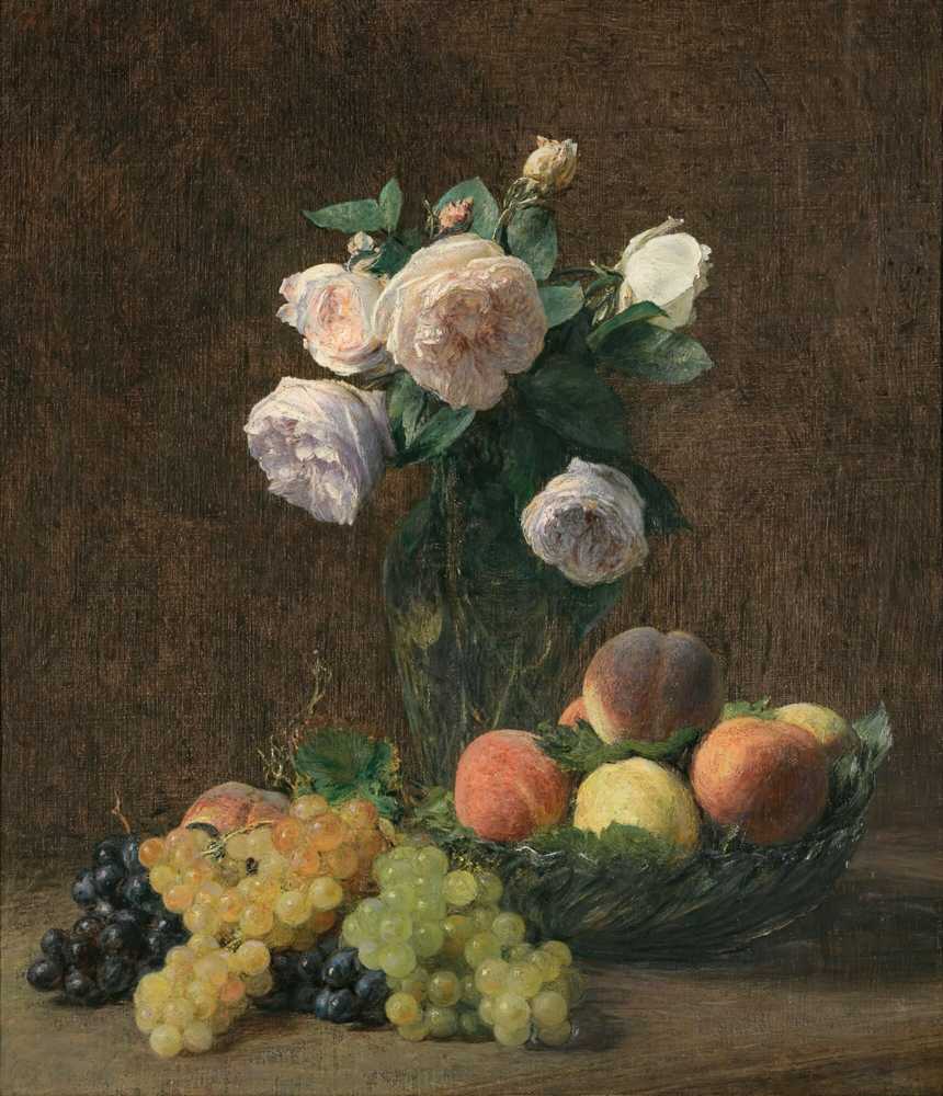Still life, Vase Of Roses, Peaches And Grapes (1894) - Henri Fantin-Latour