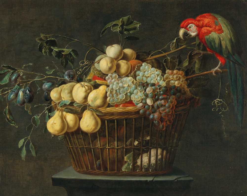 Still life of a basket of fruit with a parrot - Adriaen van Utrecht