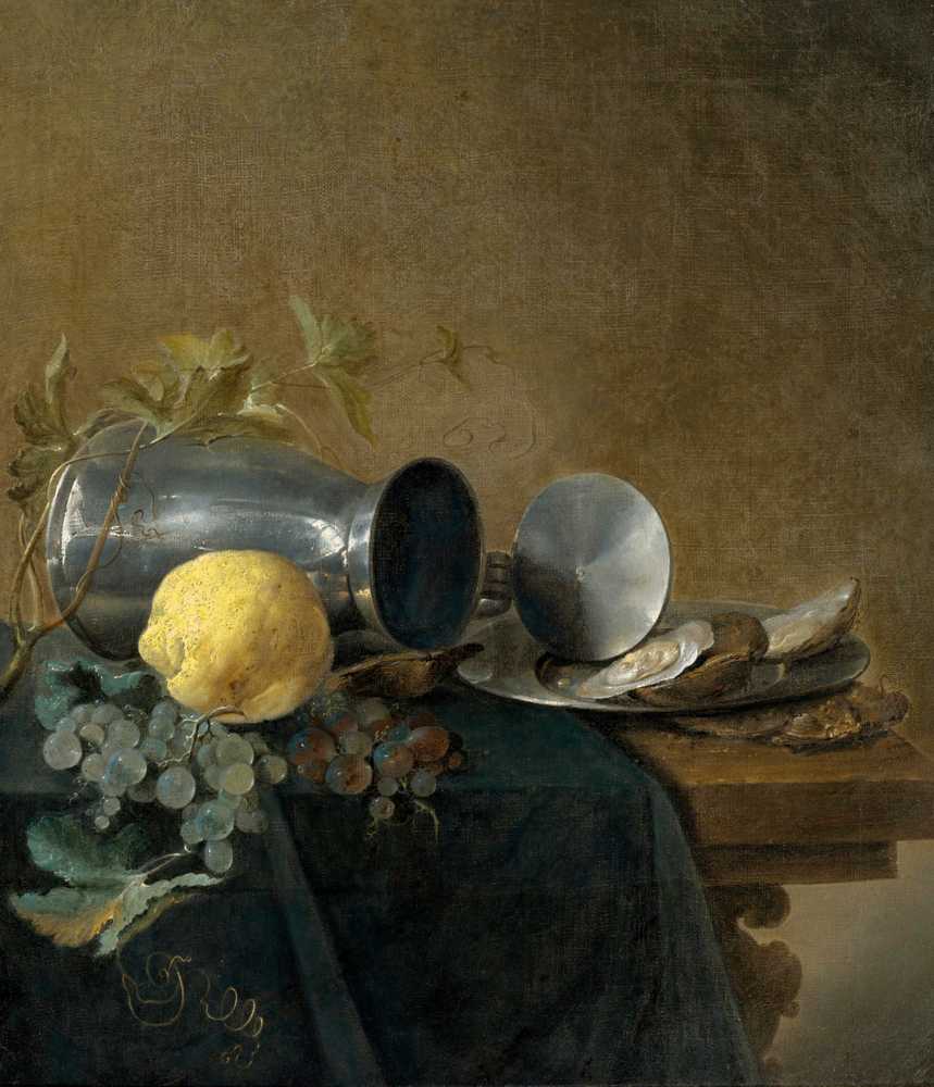 Still Life Of A Pewter Tankard, Lemon, Oysters And Grapes - Jan Davidsz de Heem