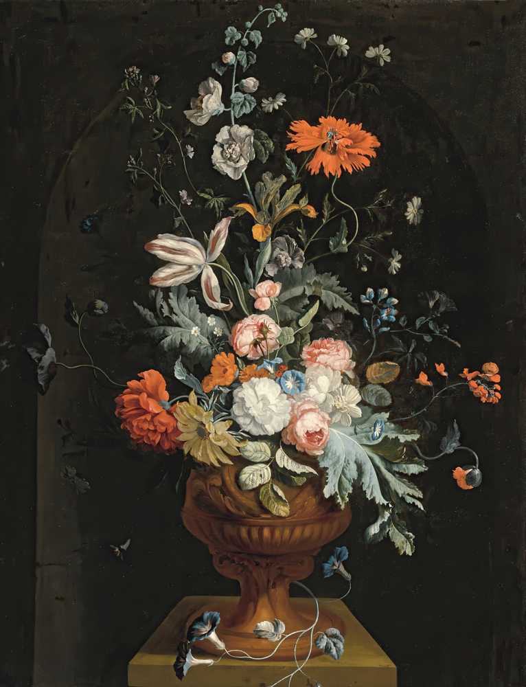 Still Life Of Flowers In A Terracotta Vase Before A Stone Niche - Huysum