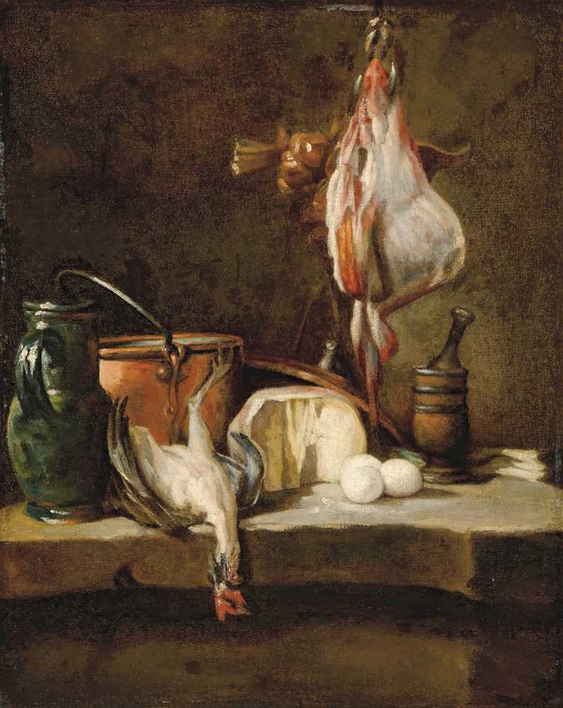 Still Life with a ray-fish, a basket of onions, eggs, cheese, a gre... - Chardin