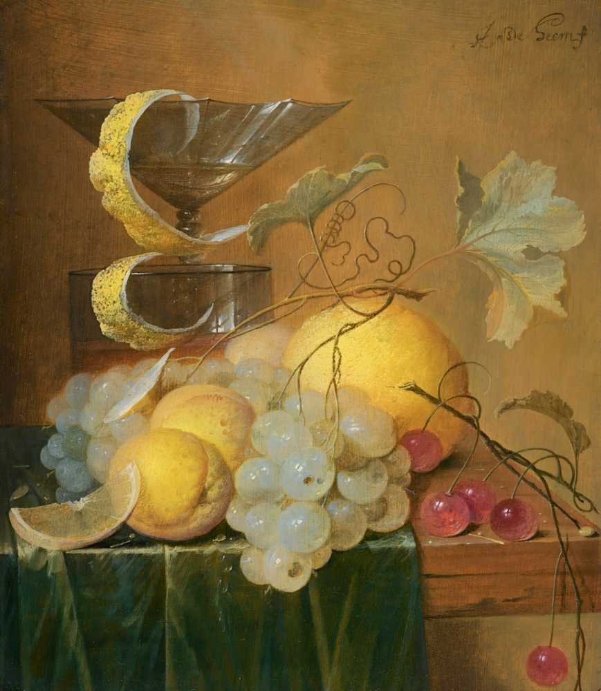 Still Life With A Wine Glass, Lemon Peel, Peaches, Grapes And Cherries... - Heem