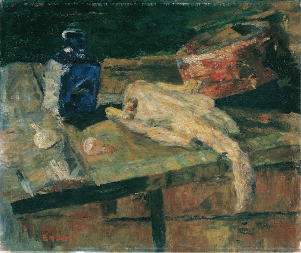 Still Life with Blue Bottle and Plucked Chicken (1910) - James Ensor