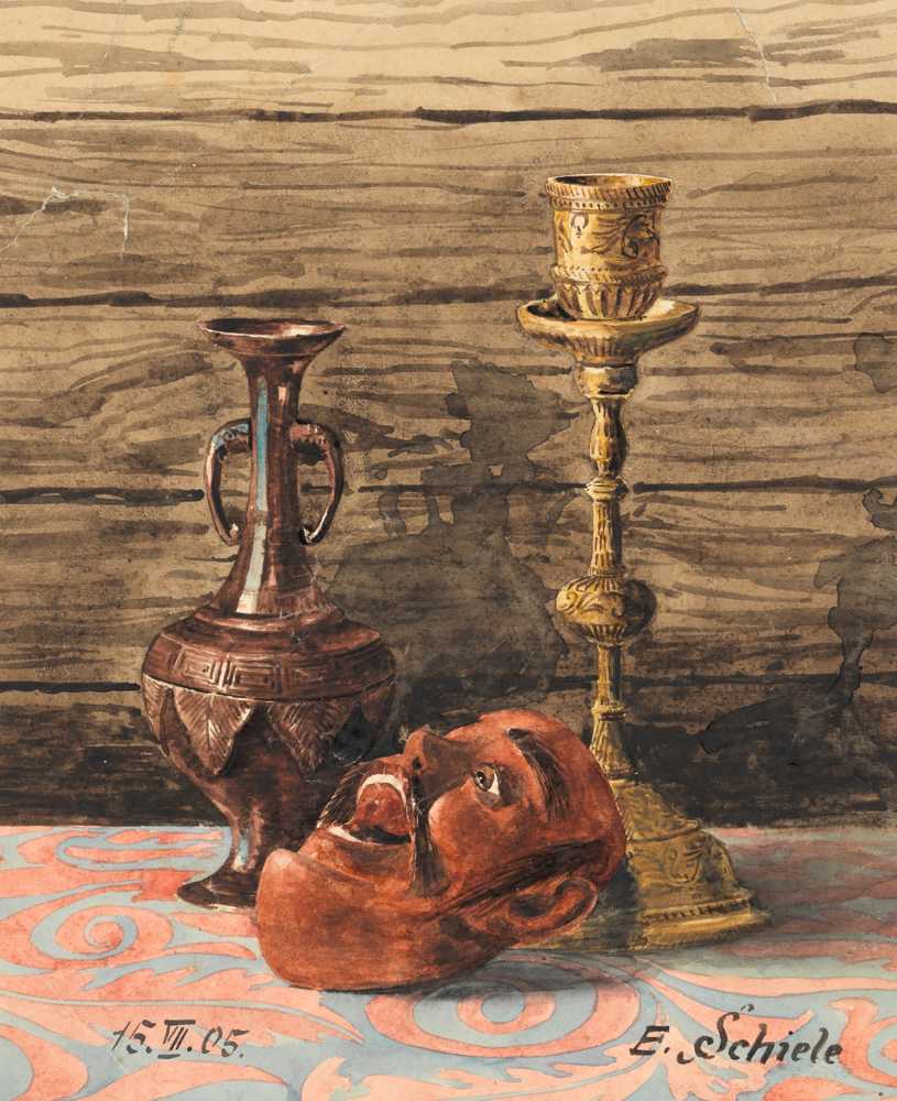 Still Life with Candlestick, Vase and Mask (1905) - Egon Schiele