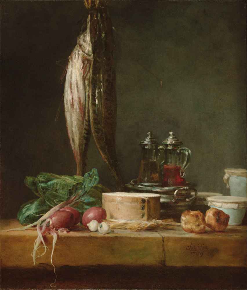 Still Life with Fish, Vegetables, Gougeres, Pots, and Cruets on a Tabl