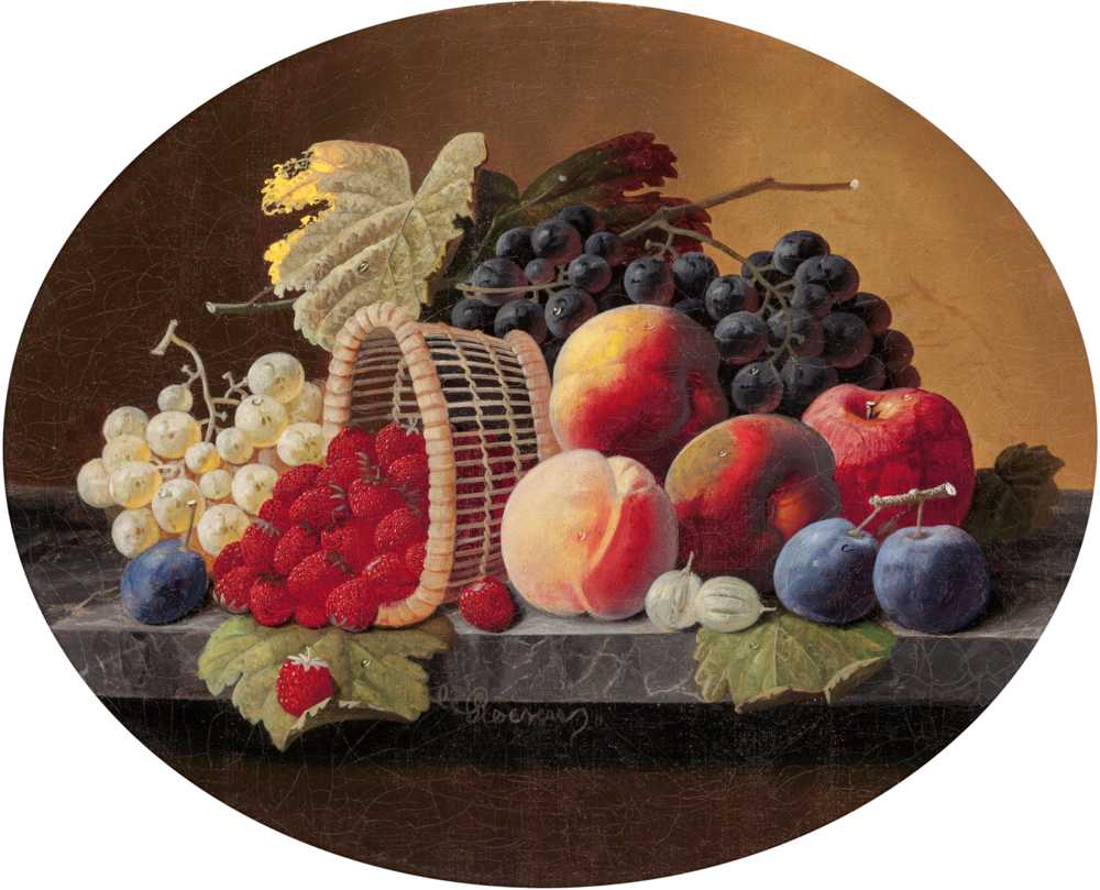 Still Life with Peaches, Grapes and Basket of Strawberries - Severin Roesen
