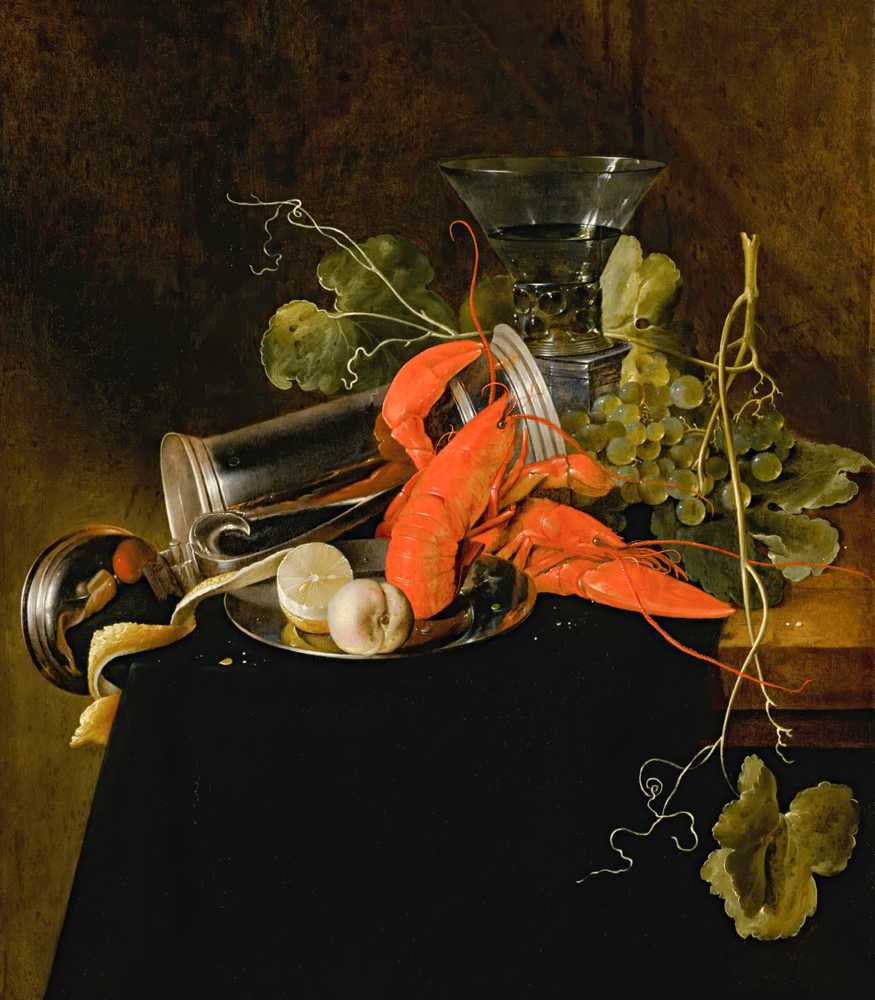 Still life with two lobsters, an overturned tankard, a berkemeier glas... - Heem