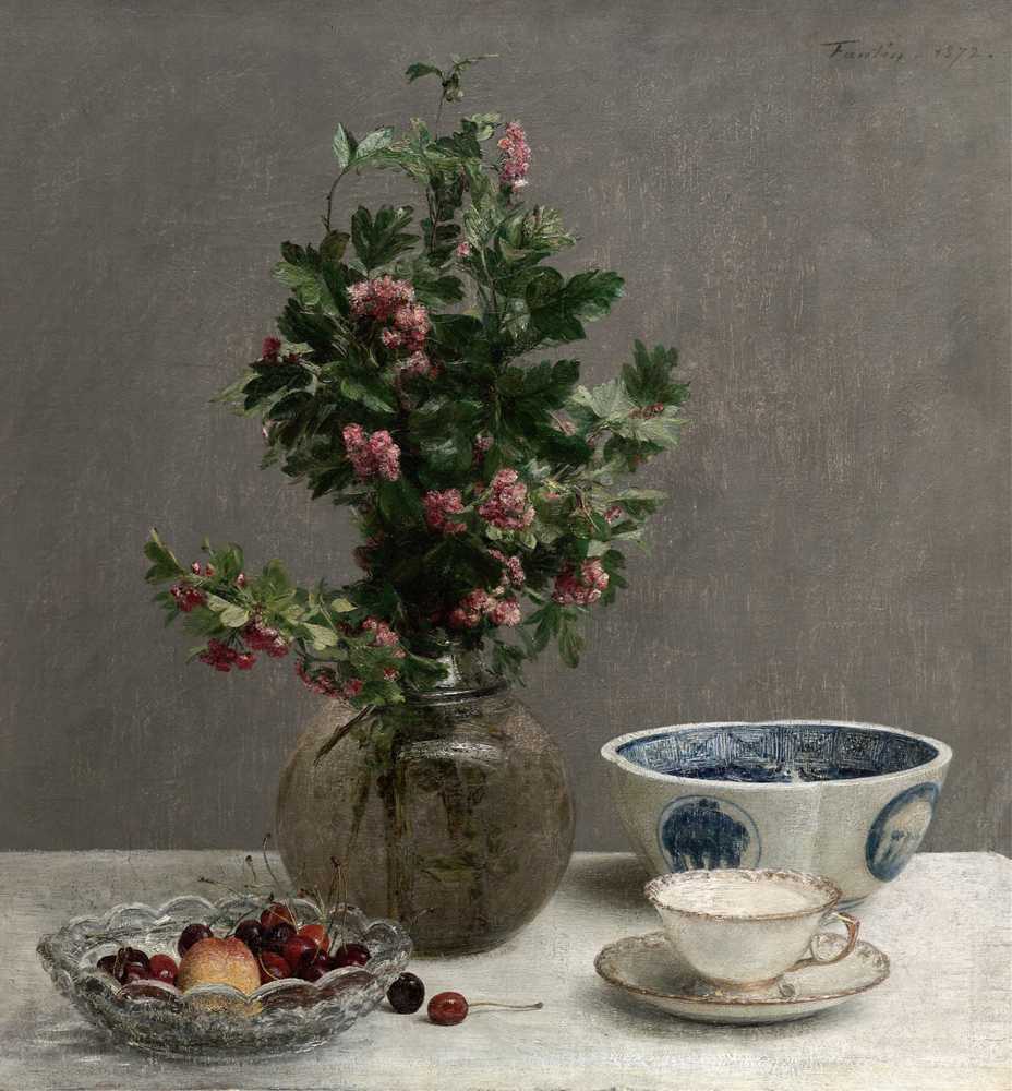 Still Life with Vase of Hawthorn, Bowl of Cherries, Japanese ... - Fantin-Latour