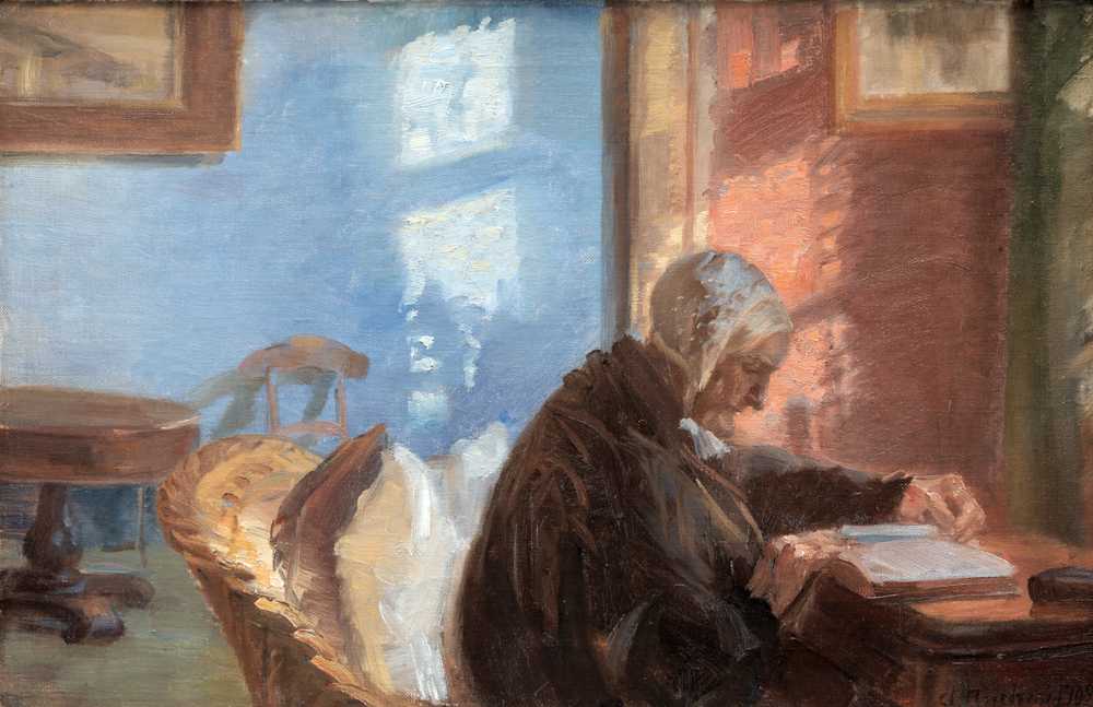 The Artist’s Mother Ane Hedvig Brondum in the Red Room (1909) - Anna Ancher
