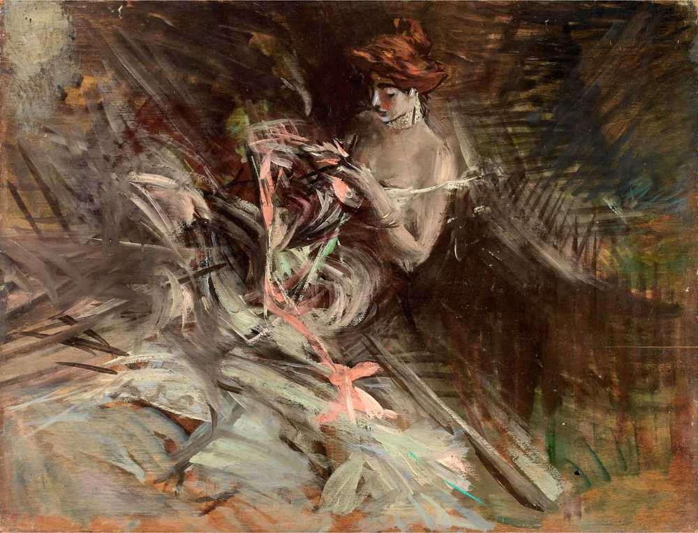 The ball gown (Interior with young girl sewing) - Giovanni Boldini