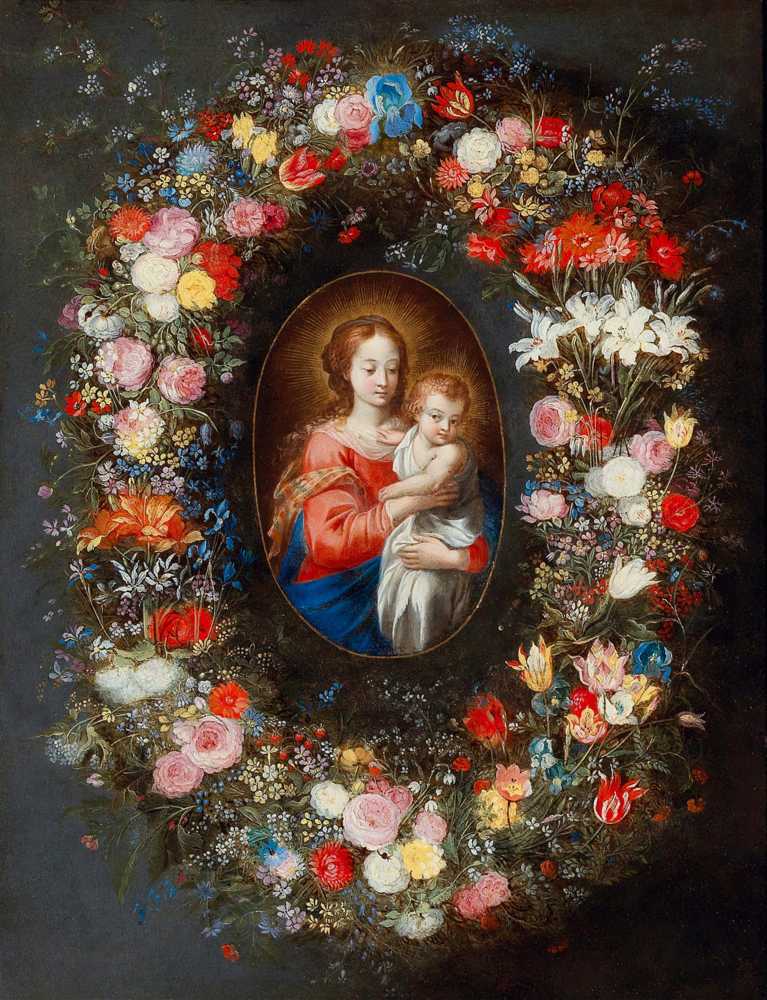 The Madonna and Child surrounded by a floral garland - Jan Brueghel Młodszy