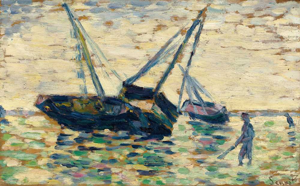 Three Boats And A Sailor (Study For The Grounding At Grandcamp) (1885) - Seurat