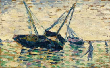 Three Boats And A Sailor (Study For The Grounding At Grandcamp) (1885) - Seurat