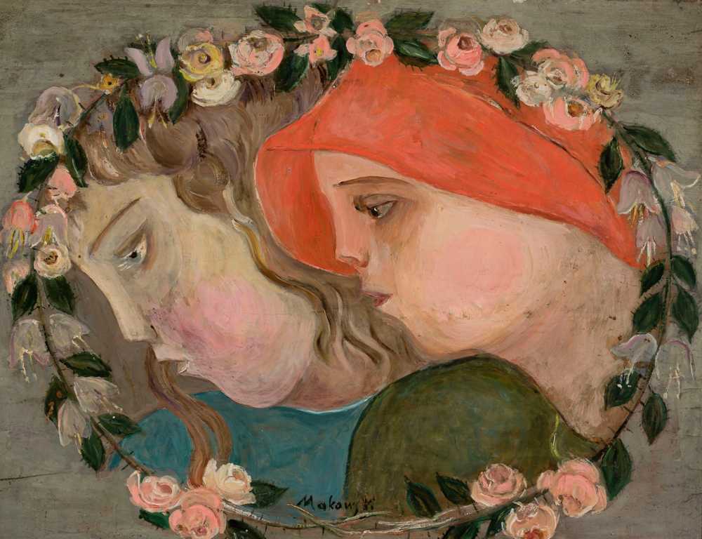 Two heads of little girls in a garland of flowers (1922) - Tadeusz Makowski